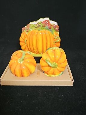 Ceramic Pumpkin Salt & Pepper Shakers with Napkin Holder - Orange